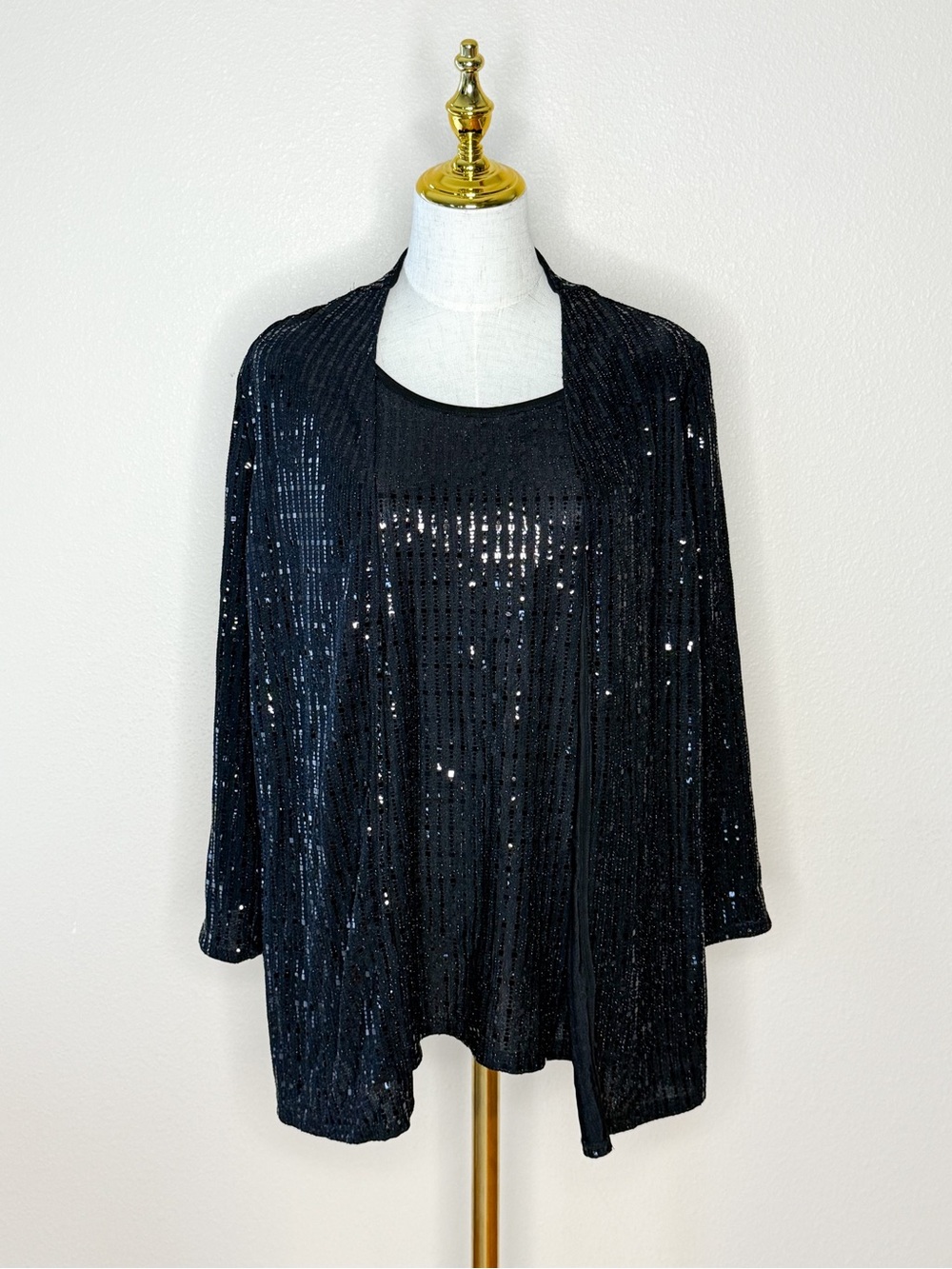 ⁠Anne Klein Black Sequin 2-in-1 Layered Look Top Cardigan Illusion Size S⁠